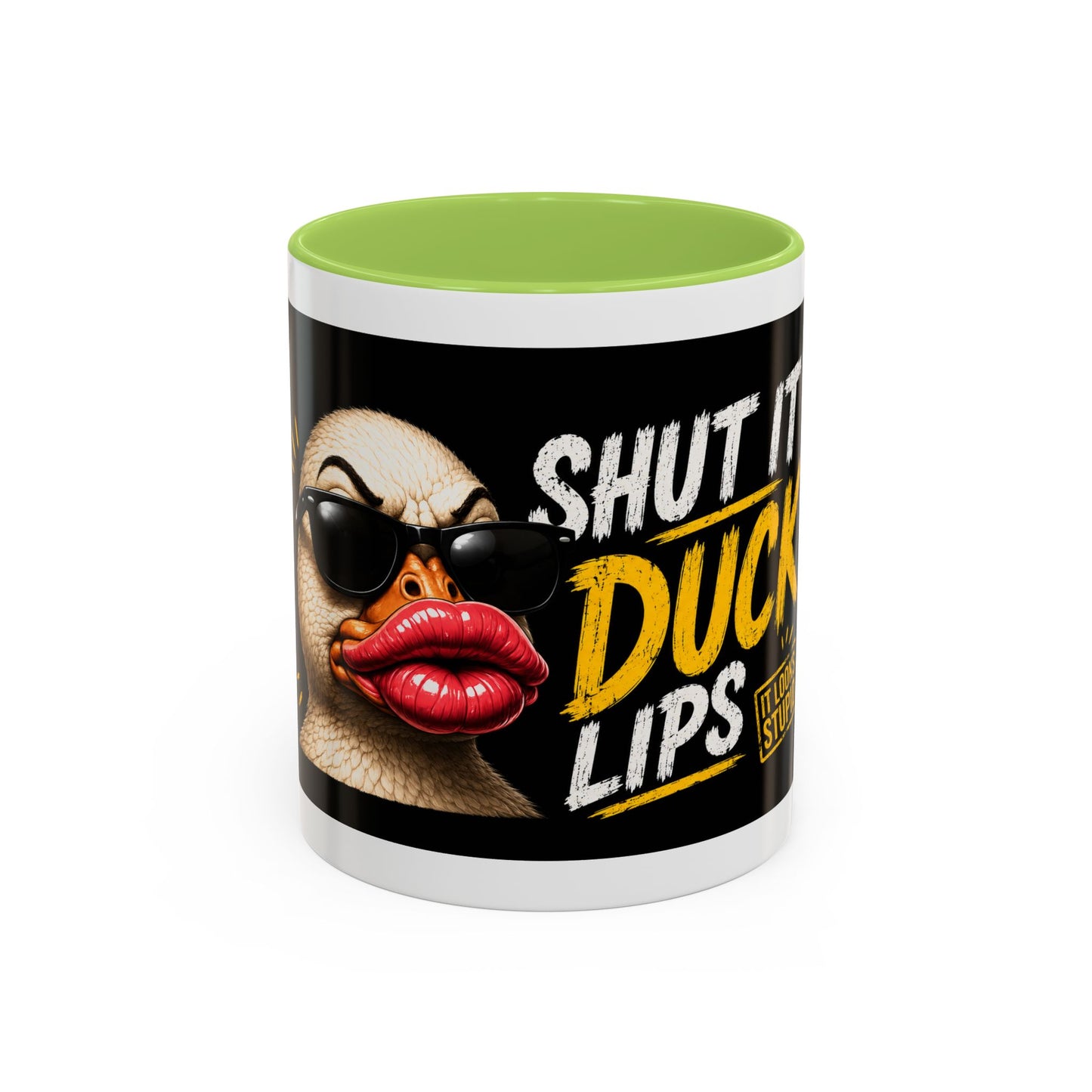 Shut It Duck Lips Coffee Mug — Funny Duck with Sunglasses & Bold Quote