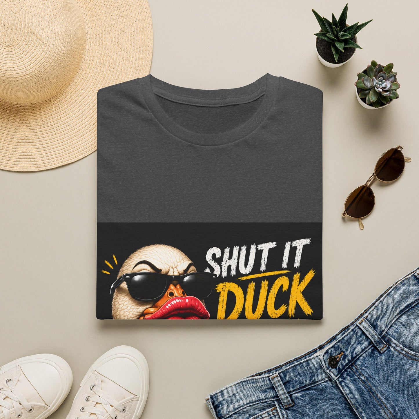 Shut It Duck Lips T-Shirt — Funny Graphic Tee with Sunglasses Duck