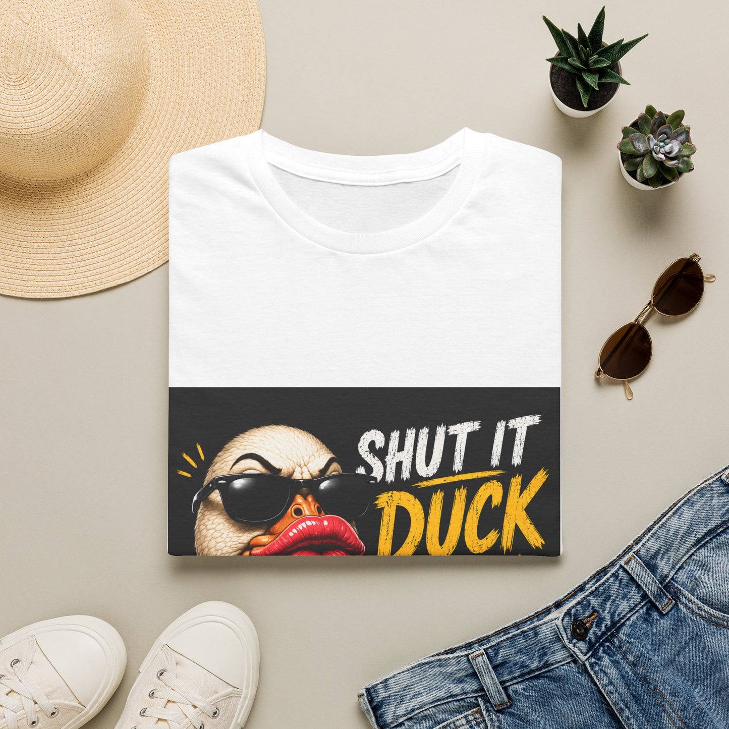 Shut It Duck Lips T-Shirt — Funny Graphic Tee with Sunglasses Duck