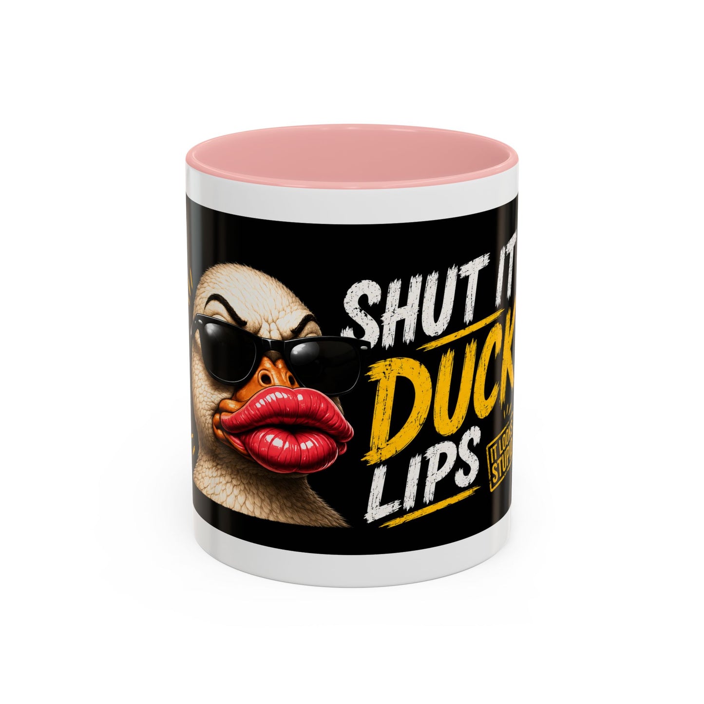 Shut It Duck Lips Coffee Mug — Funny Duck with Sunglasses & Bold Quote