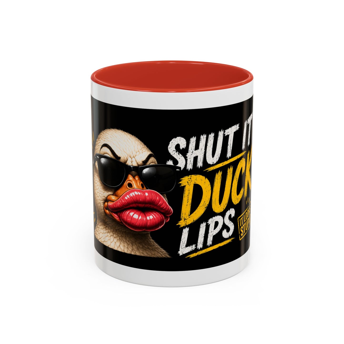 Shut It Duck Lips Coffee Mug — Funny Duck with Sunglasses & Bold Quote