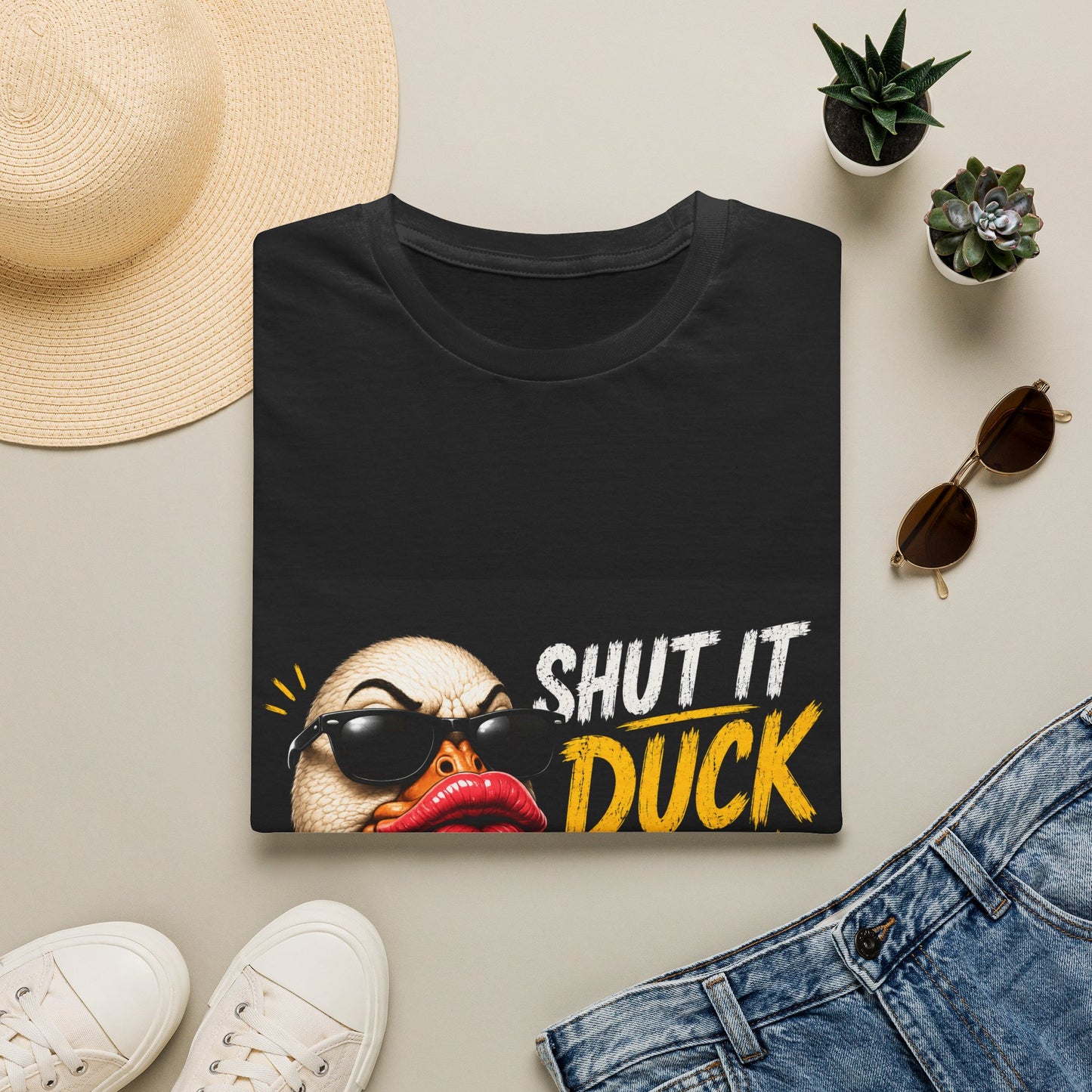 Shut It Duck Lips T-Shirt — Funny Graphic Tee with Sunglasses Duck