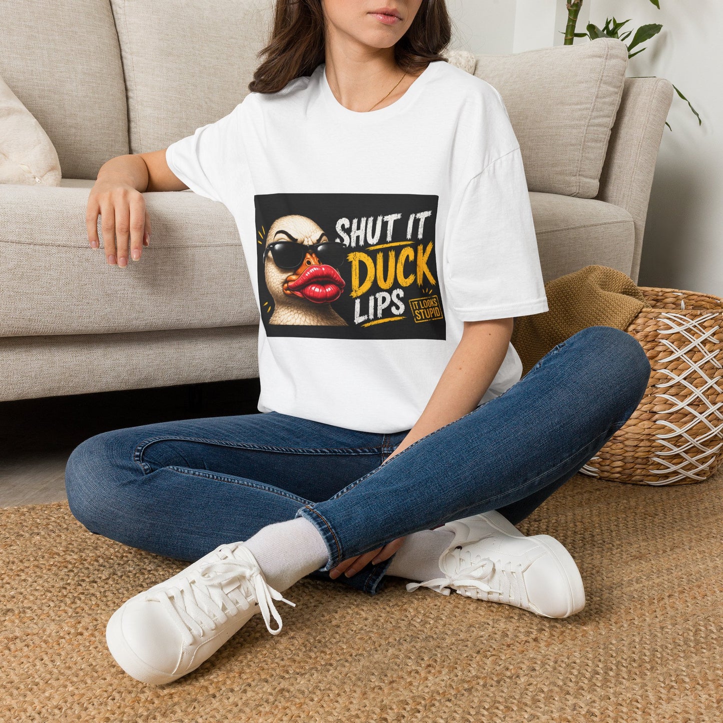 Shut It Duck Lips T-Shirt — Funny Graphic Tee with Sunglasses Duck