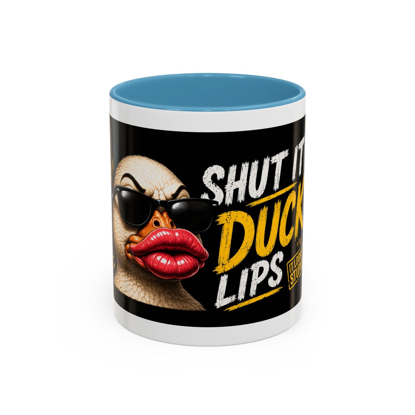 Shut It Duck Lips Coffee Mug — Funny Duck with Sunglasses & Bold Quote