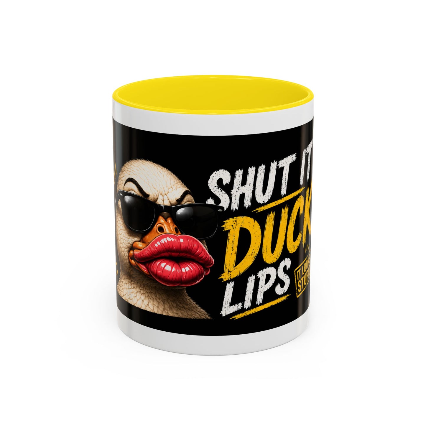Shut It Duck Lips Coffee Mug — Funny Duck with Sunglasses & Bold Quote