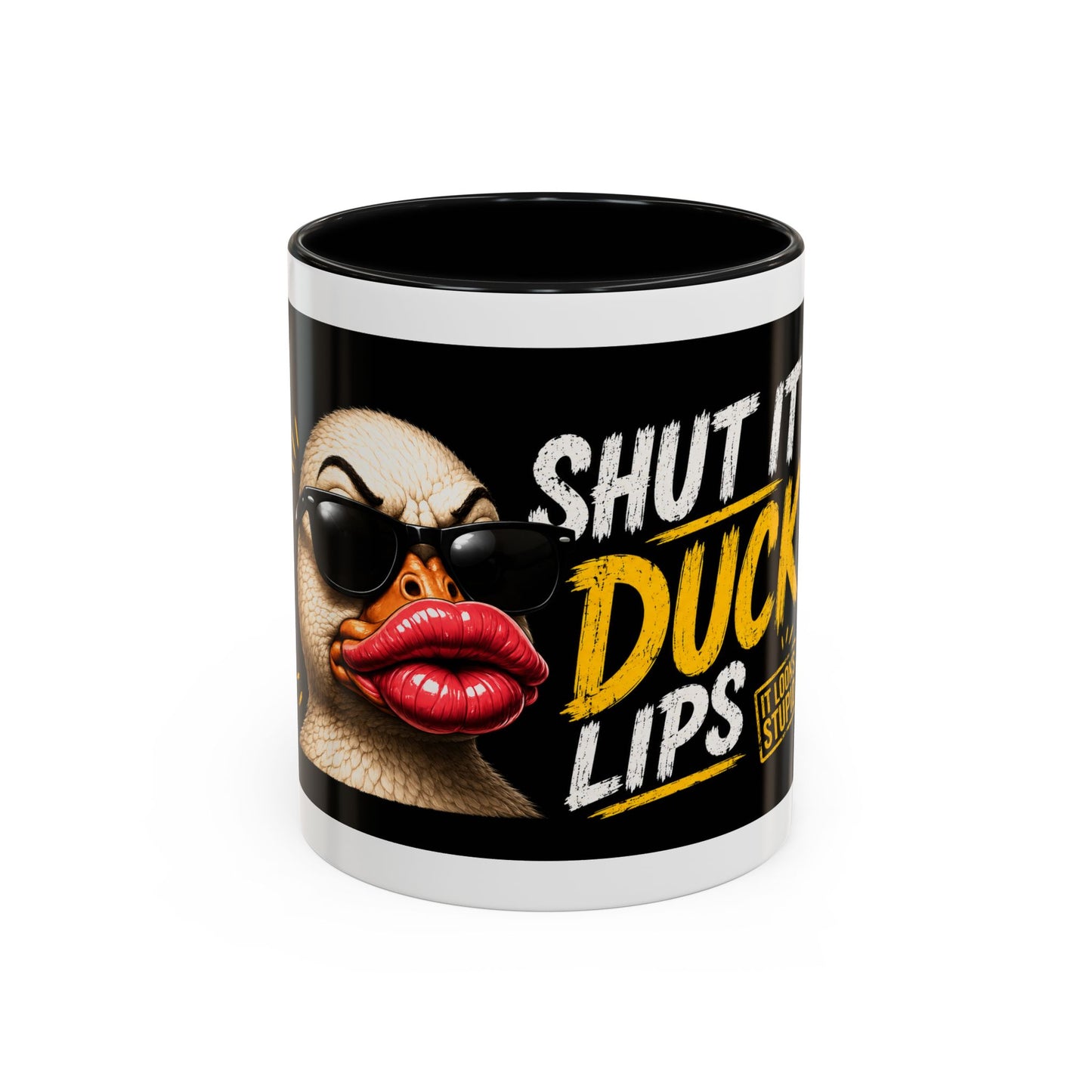 Shut It Duck Lips Coffee Mug — Funny Duck with Sunglasses & Bold Quote