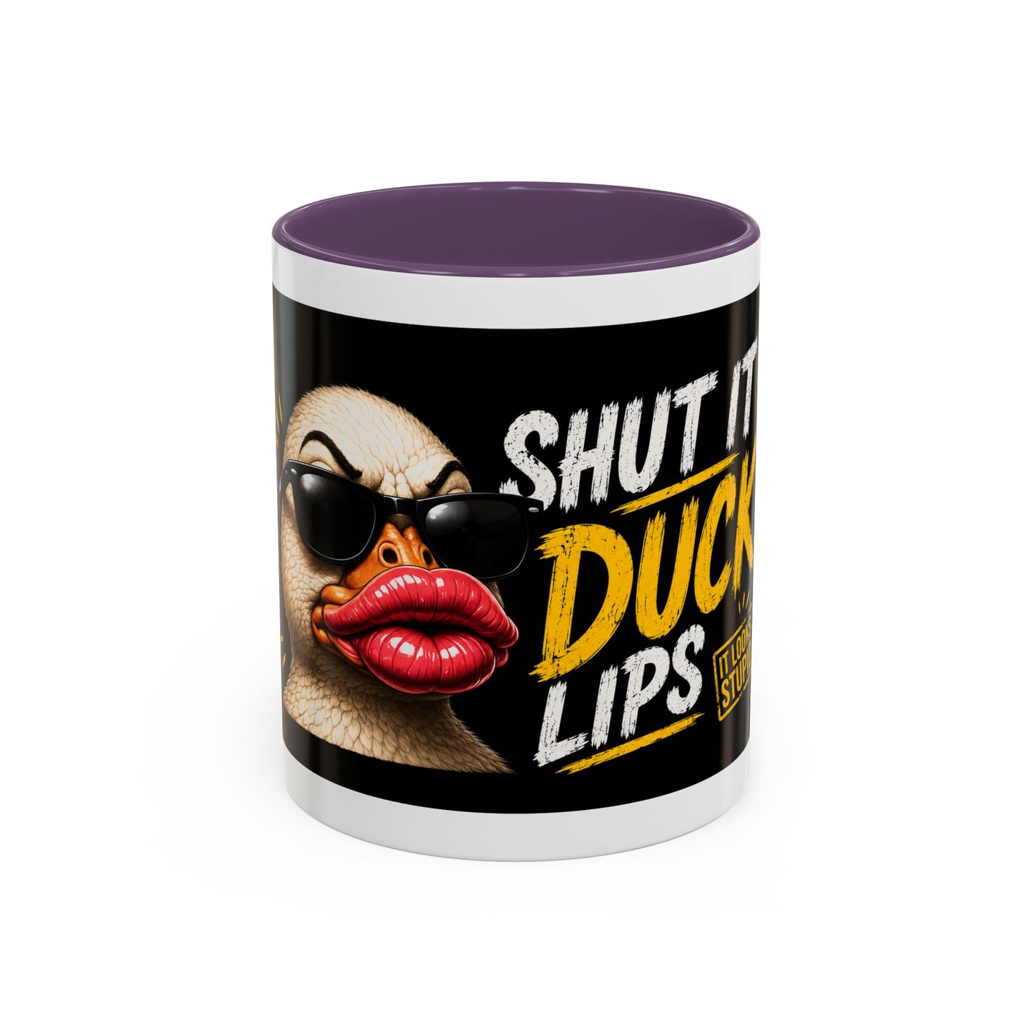 Shut It Duck Lips Coffee Mug — Funny Duck with Sunglasses & Bold Quote