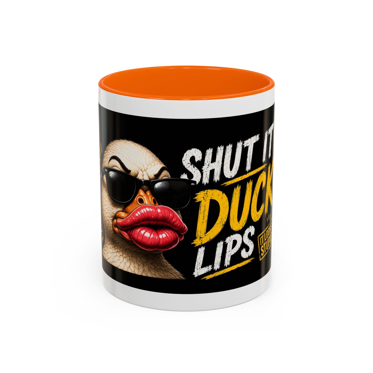 Shut It Duck Lips Coffee Mug — Funny Duck with Sunglasses & Bold Quote